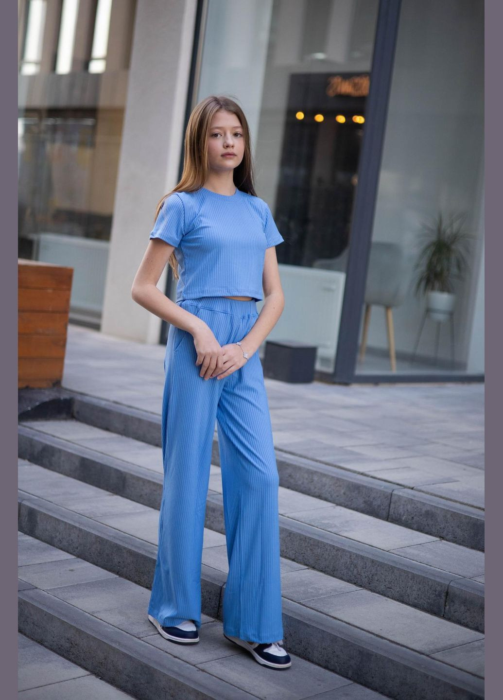 Блакитний літній к-м рубчик "палаццо+топ" брючний IRmAS