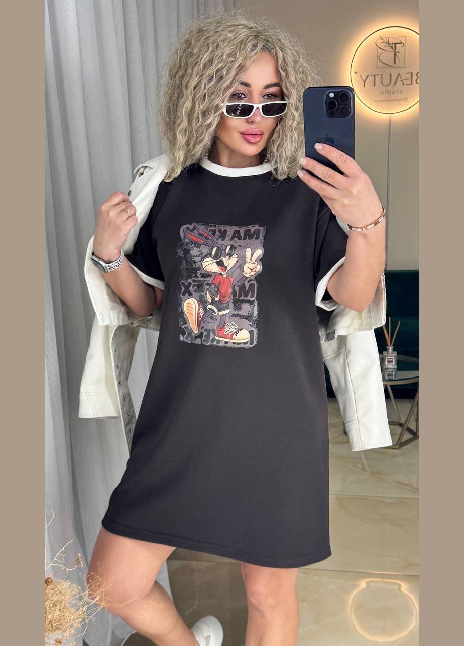 Черное повседневный женское платье-футболка Україна мультикам