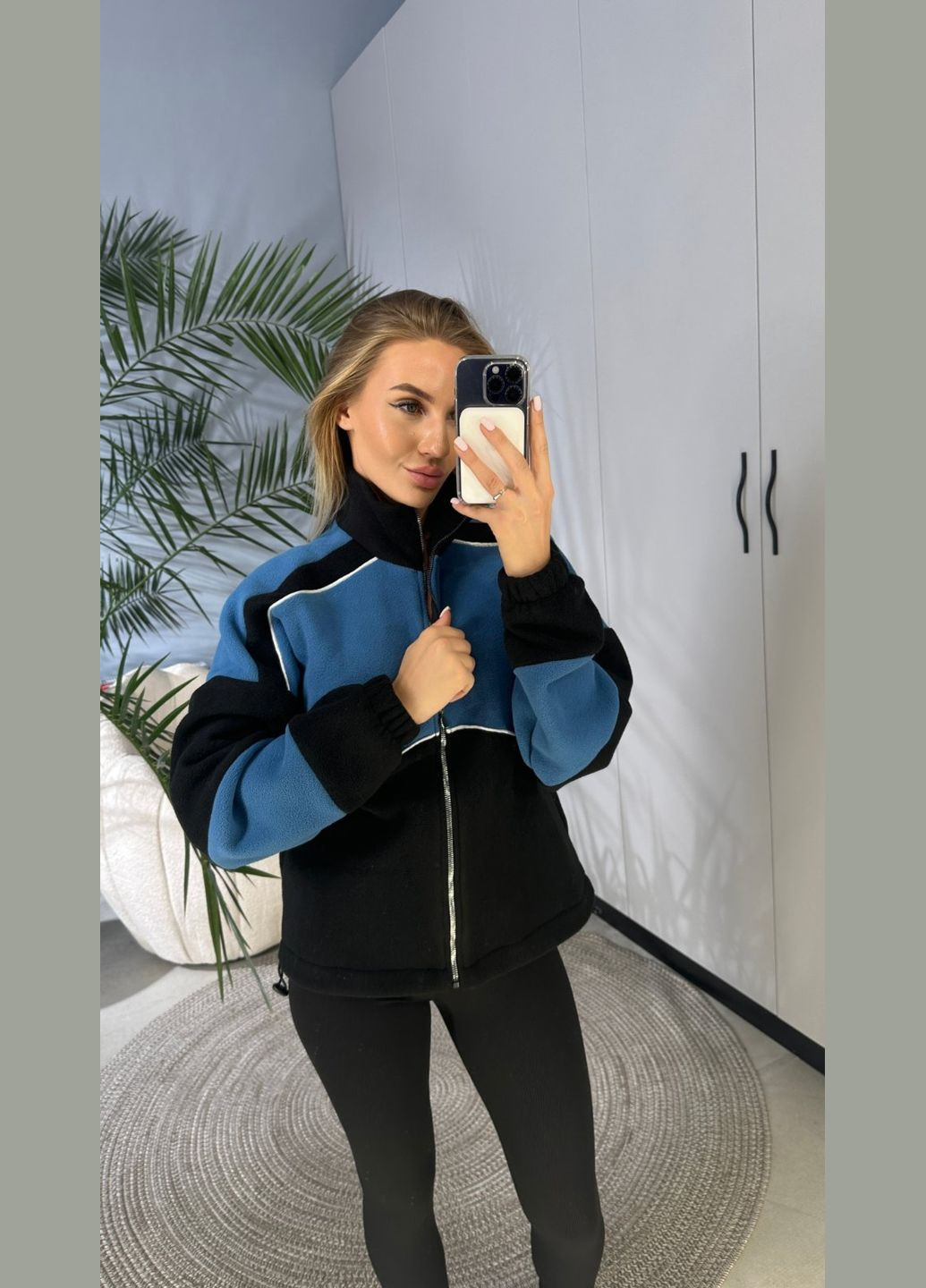 Синий стильная флисовая комбинированная зимняя кофта на молнии с кантом синяя You Best (303190822)