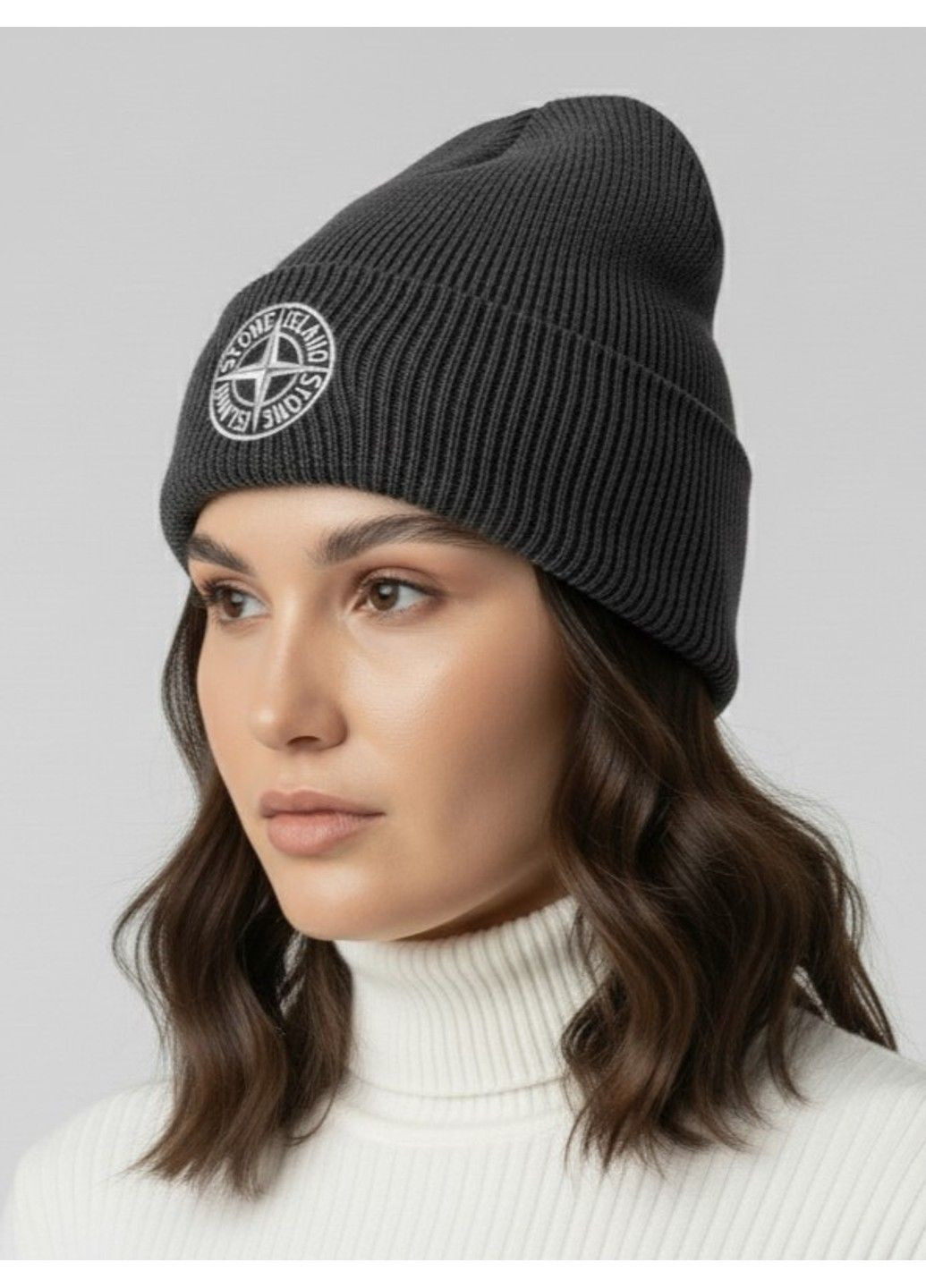 Шапка унісекс Stone подвійна з відворотом темно-сіра No Brand (363968680)