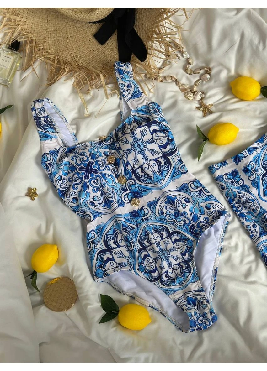Блакитний демісезонний суцільний купальник з спідничкою No Brand