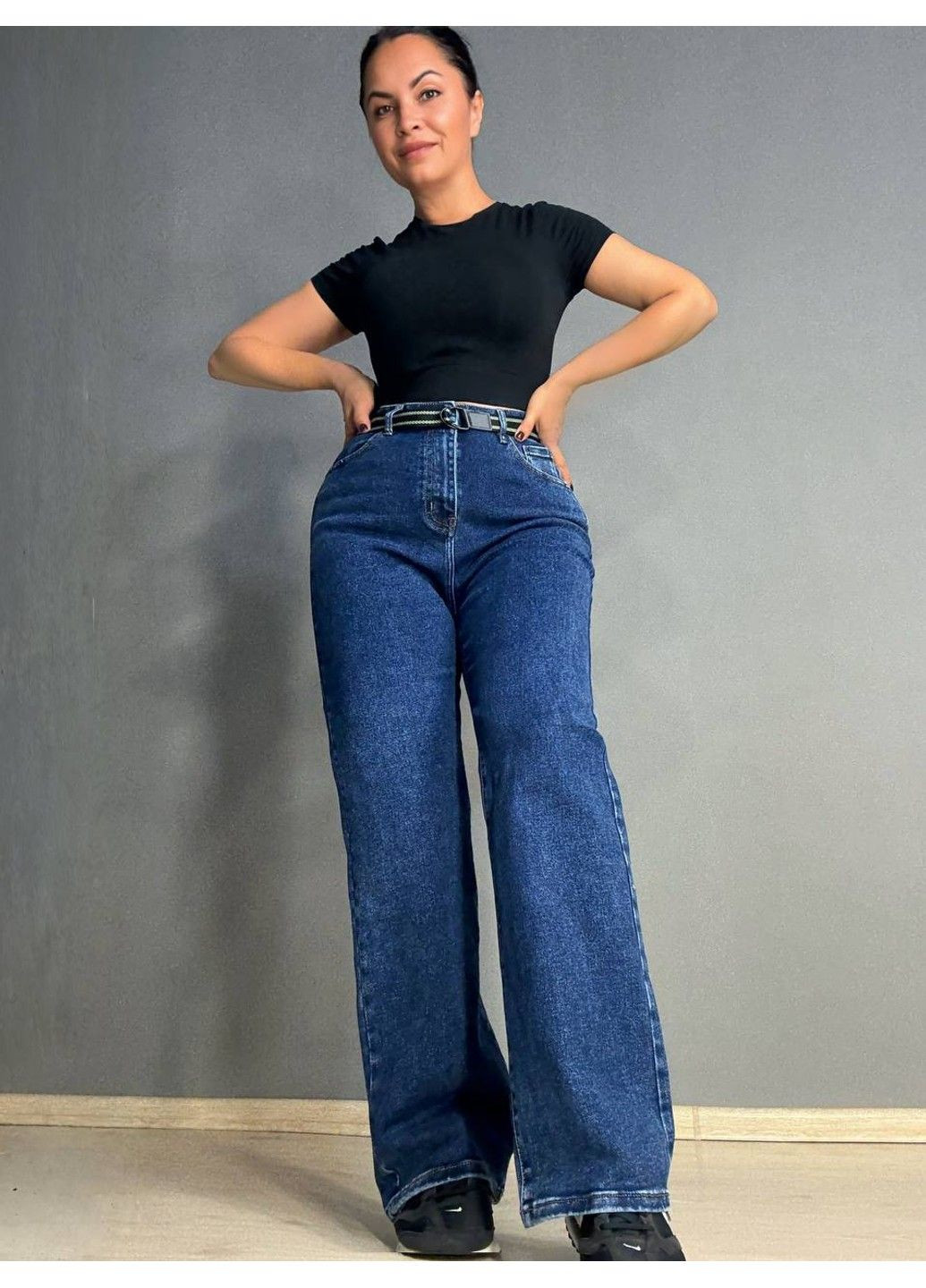 Джинси жіночі 8200 палаццо рівні талія на резинці з ременем сині Derun - (348791506)