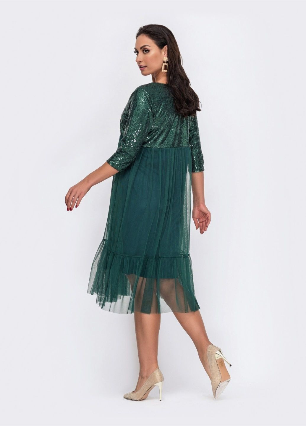 Зелена вечірня двошарове сукня батал з паєтками на кокетці зелене кльош Dressa