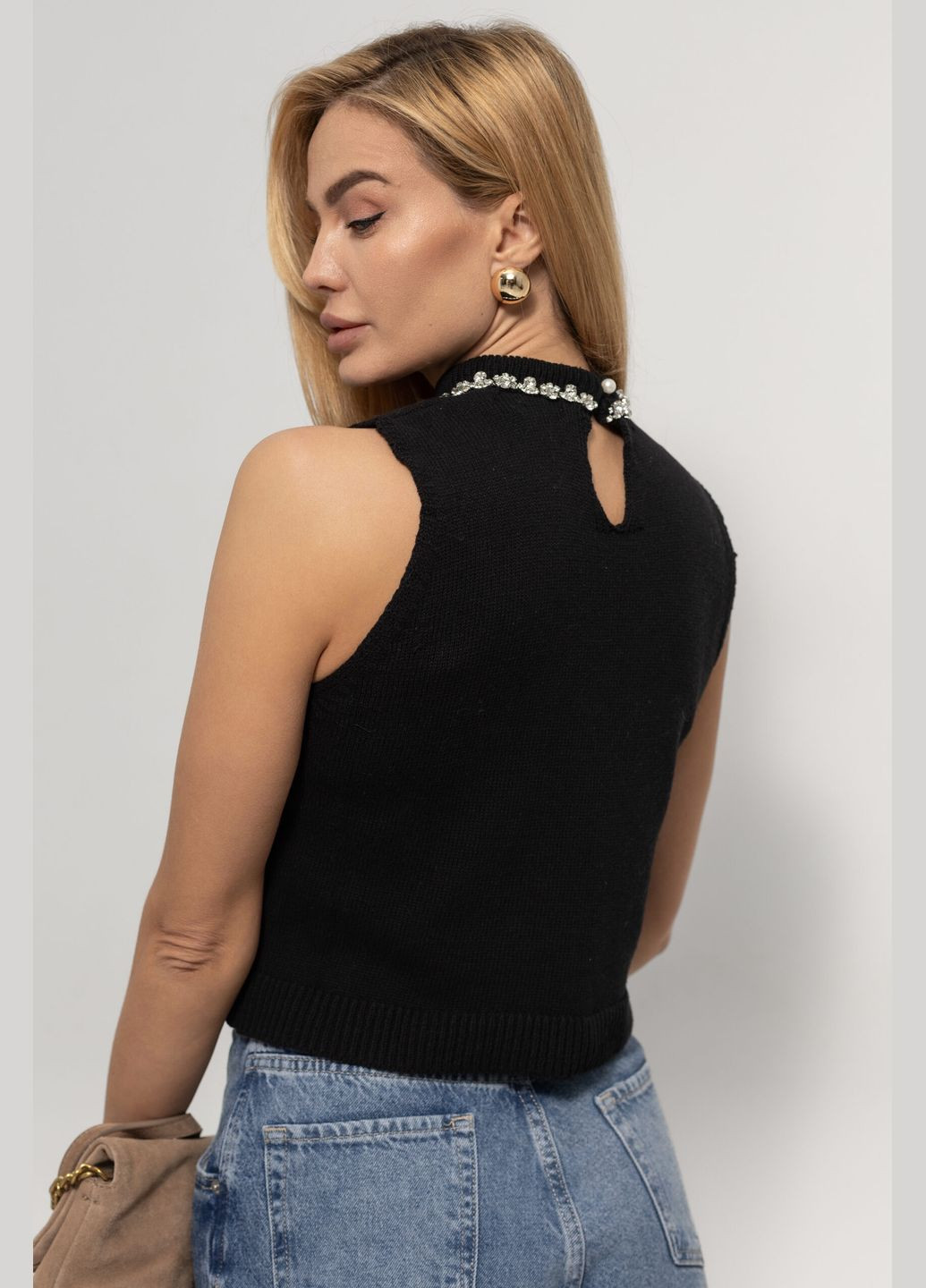 Женская жилетка со стразами на горловине - черный Lurex (317233755)