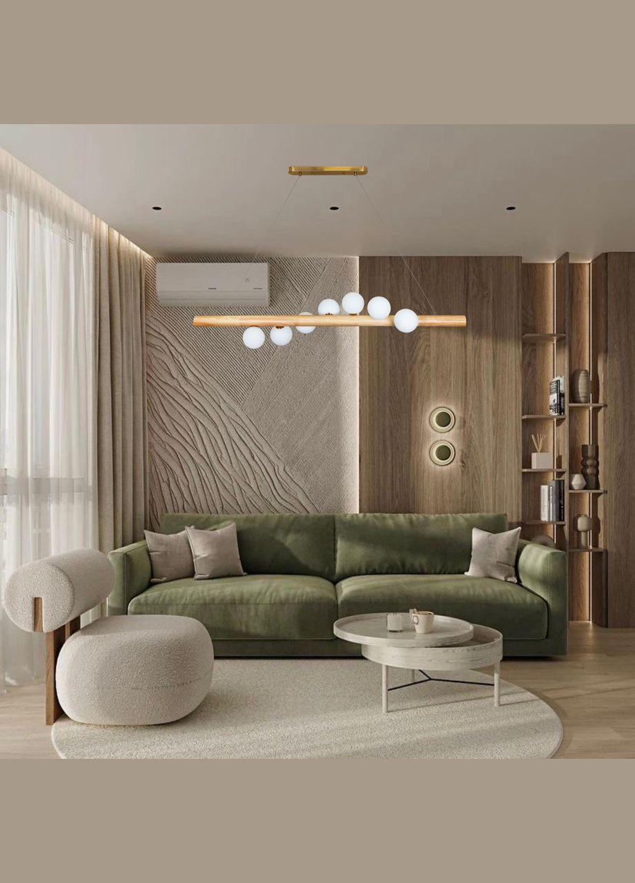 Деревянная люстра планка с белыми шарами на 7 ламп "Wood" (52-9783-7) No Brand (370070137)