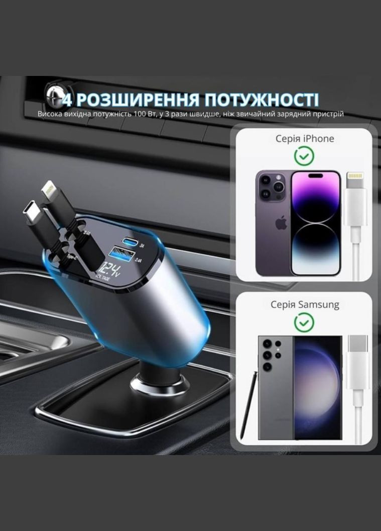 Автомобильное зарядное устройство в прикуриватель с быстрой зарядкой 4в1 Type-C 14x6.5x3.5 см (2104618591) No Brand (336213557)
