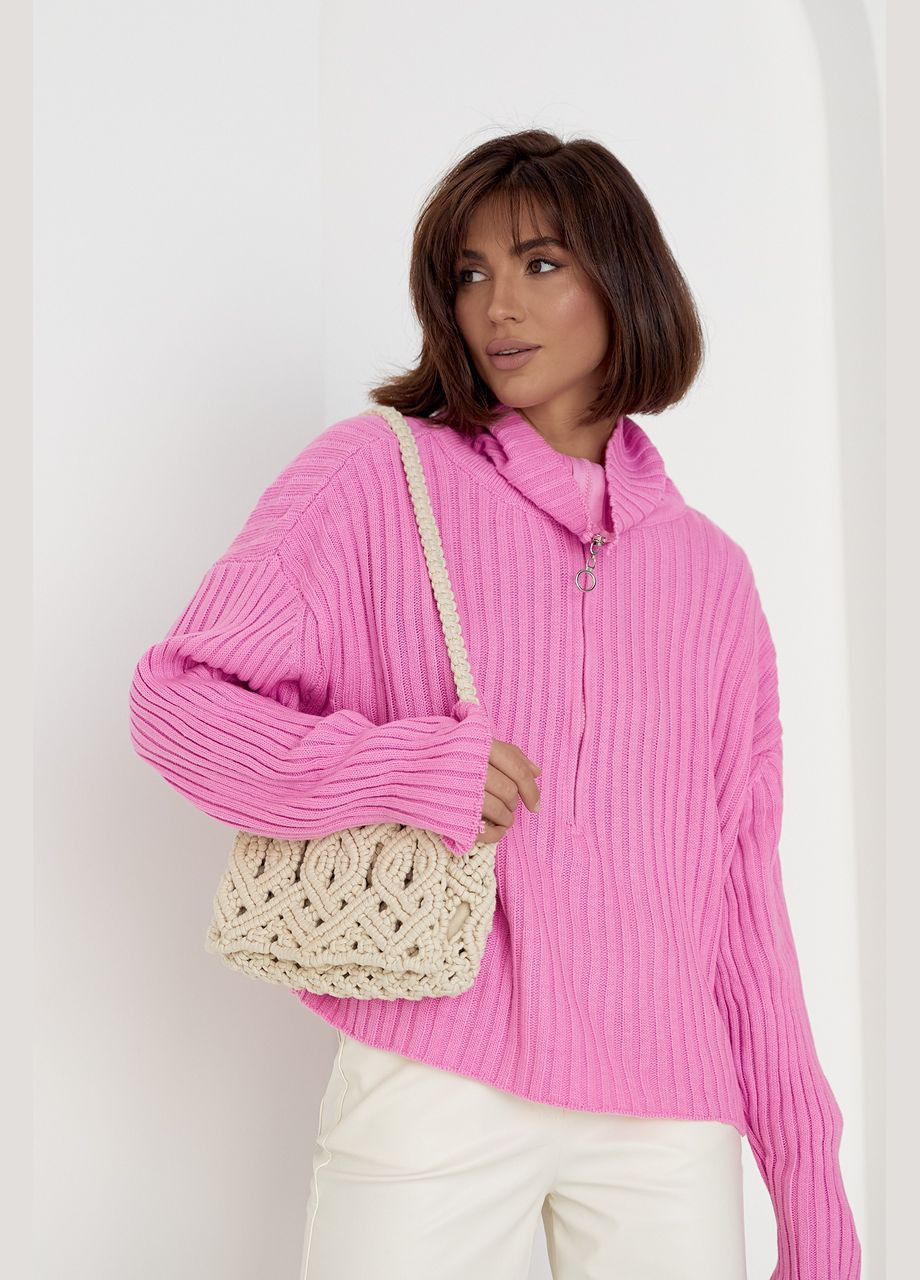 Розовый демисезонный свитер женский с молнией на воротнике 01013 Lurex