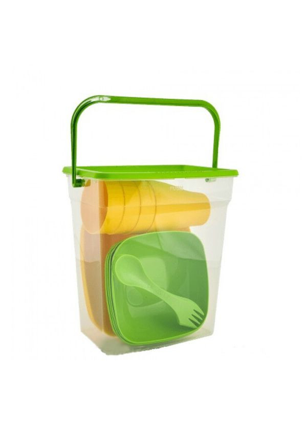 Набор пластиковой посуды для пикника 16 предметов на 4 персоны с контейнером 6 л жёлто-зелёный Алеана (361867354)