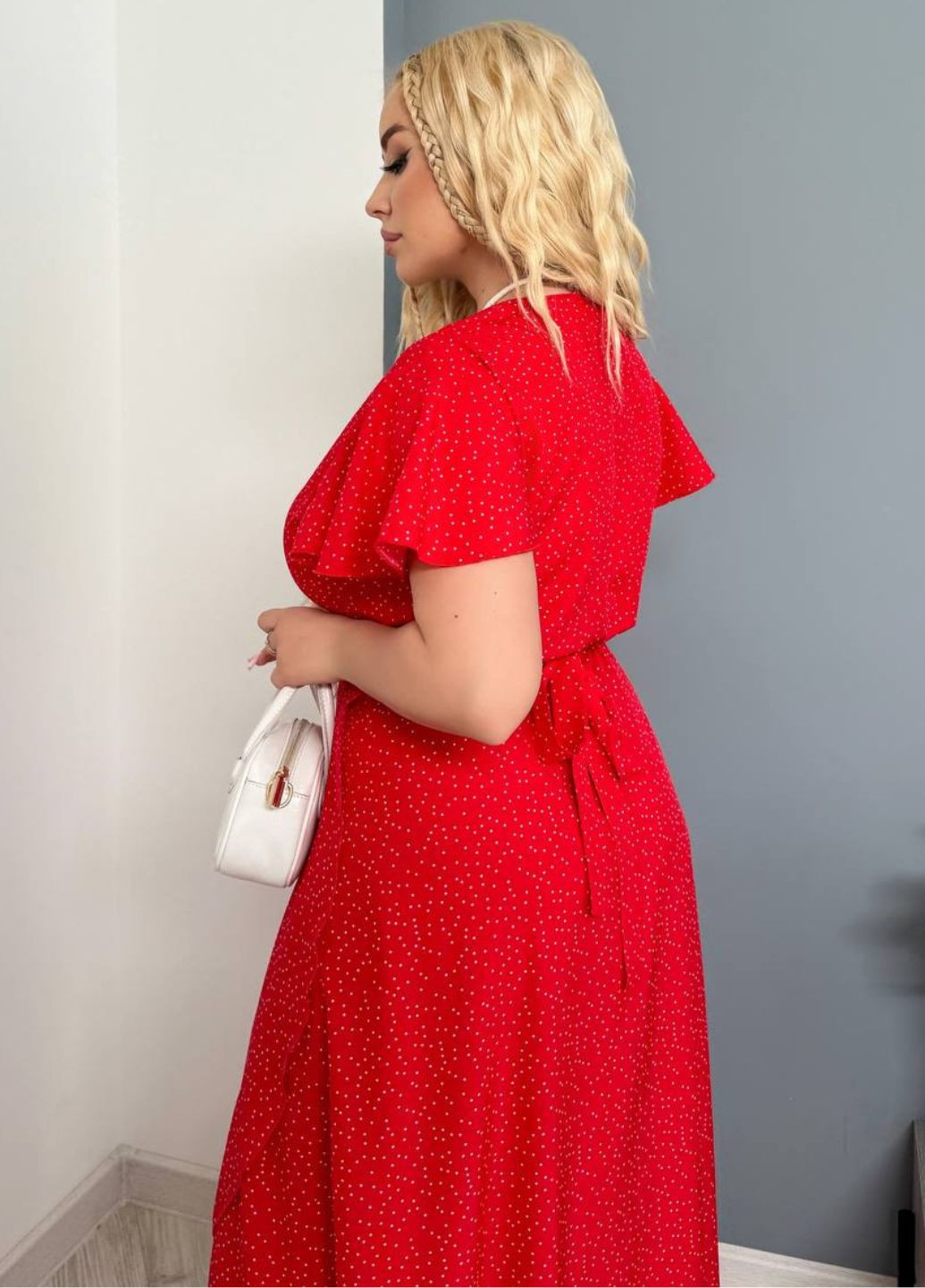 Червона повсякденний вишукана легка повсякденна літня міді сукня на запах з візерунком та короткими рукавами на запах Allthings в горошок