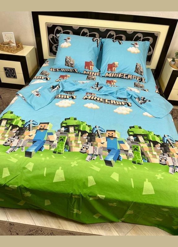 Постельное белье хлопковое Майнкрафт Полуторная 150 x 220 Бязь Голубой 70 х 70 No Brand (298072086)