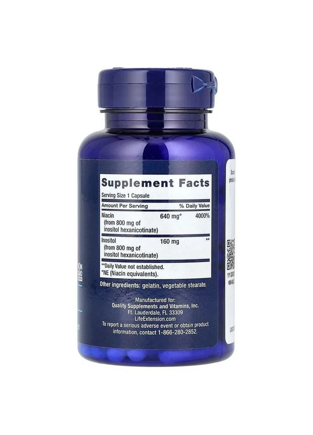 Ниацин не вызывающий покраснения No Flush Niacin 800 мг 100 капсул Life Extension (361114052)