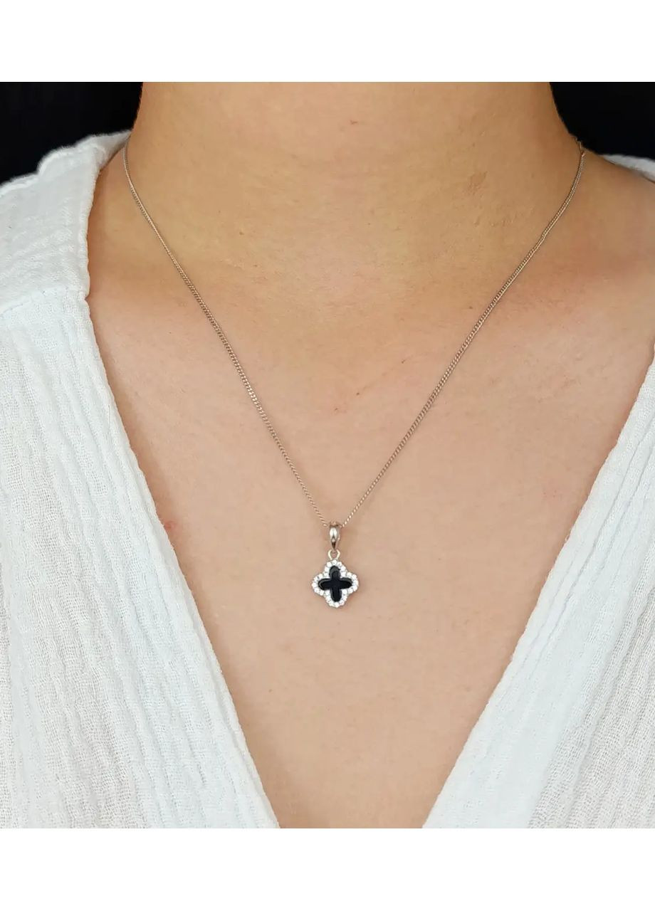 Срібна підвіска "Клевер" з оніксом і цирконієм (Арт.32811494134) No Brand Підвіска (368294821)