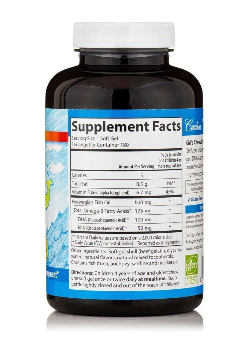 Риб'ячий жир для дітей Carlson Kids Chewable DHA 100 мг 180 гел капс апельсин Carlson Labs (359473940)