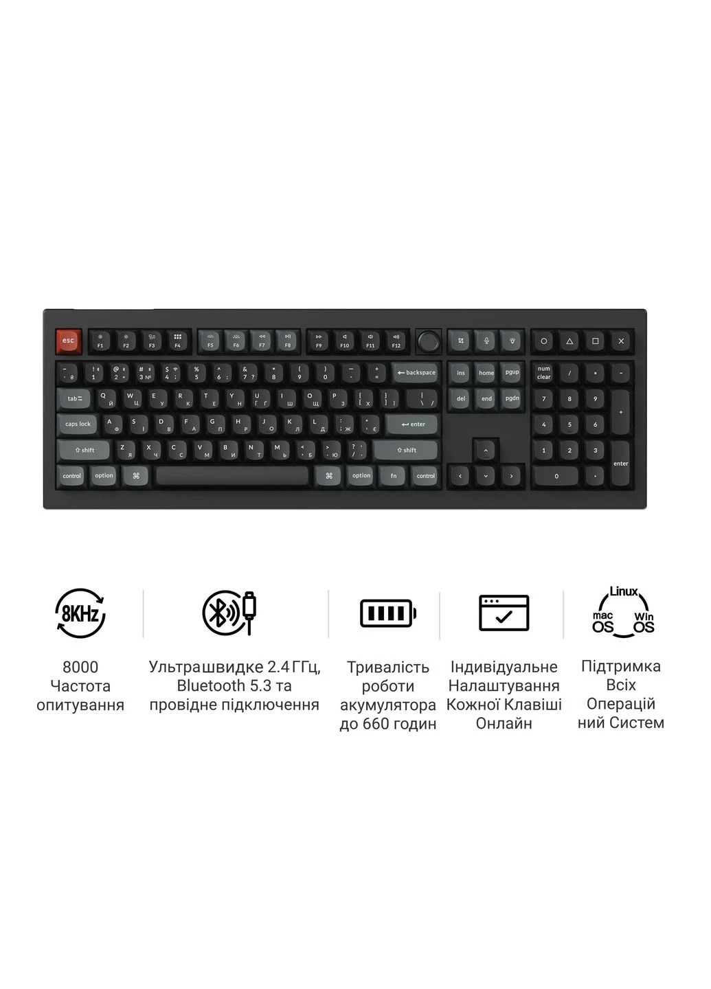 Клавиатура беспроводная V6 Ultra Red Switch Black RGB (V6U-D1-UA) Keychron (399970044)