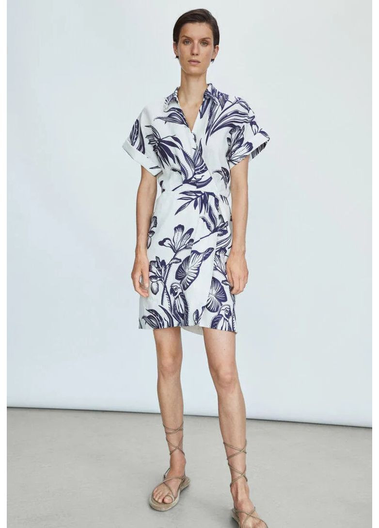 Комбинированное кэжуал платье из льна Massimo Dutti однотонное