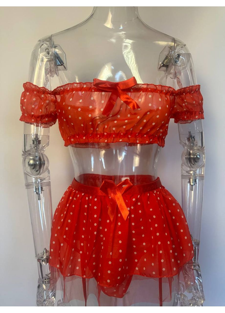 Червоний демісезонний комплект жіночої білизни в горошок веснянка топ пояс-спідниця з гартерами та трусики в наборі червоний No Brand Комплект нижньої білизни Freckle