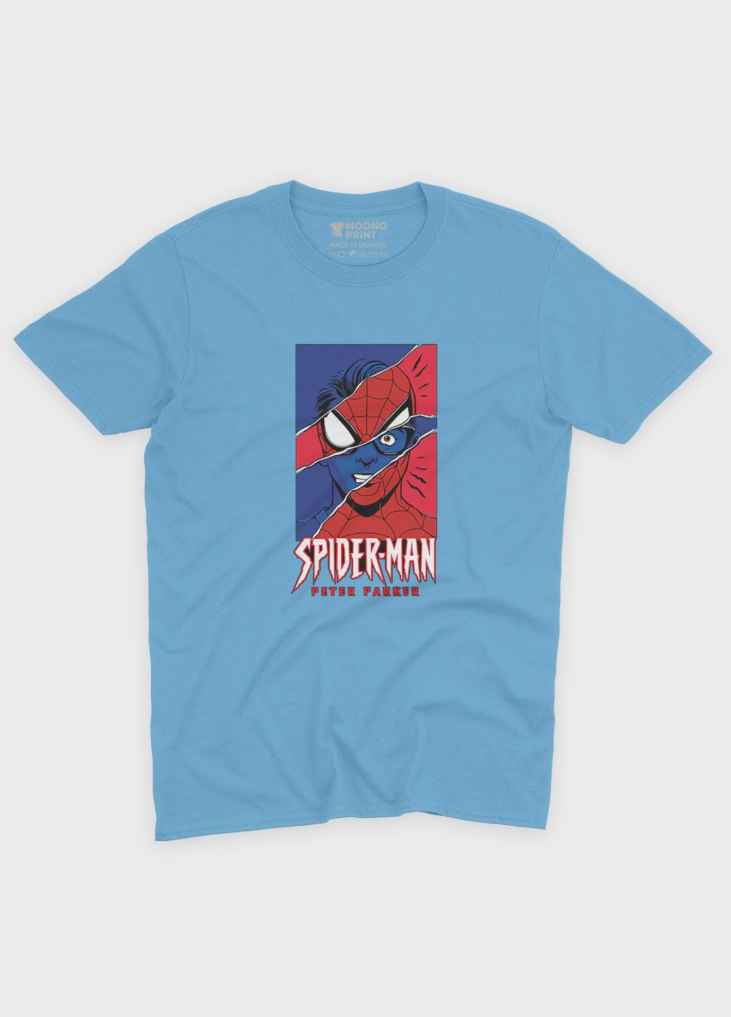 Голубая демисезонная футболка для мальчика с принтом супергероя - человек-паук (ts001-1-lbl-006-014-032-b) Modno