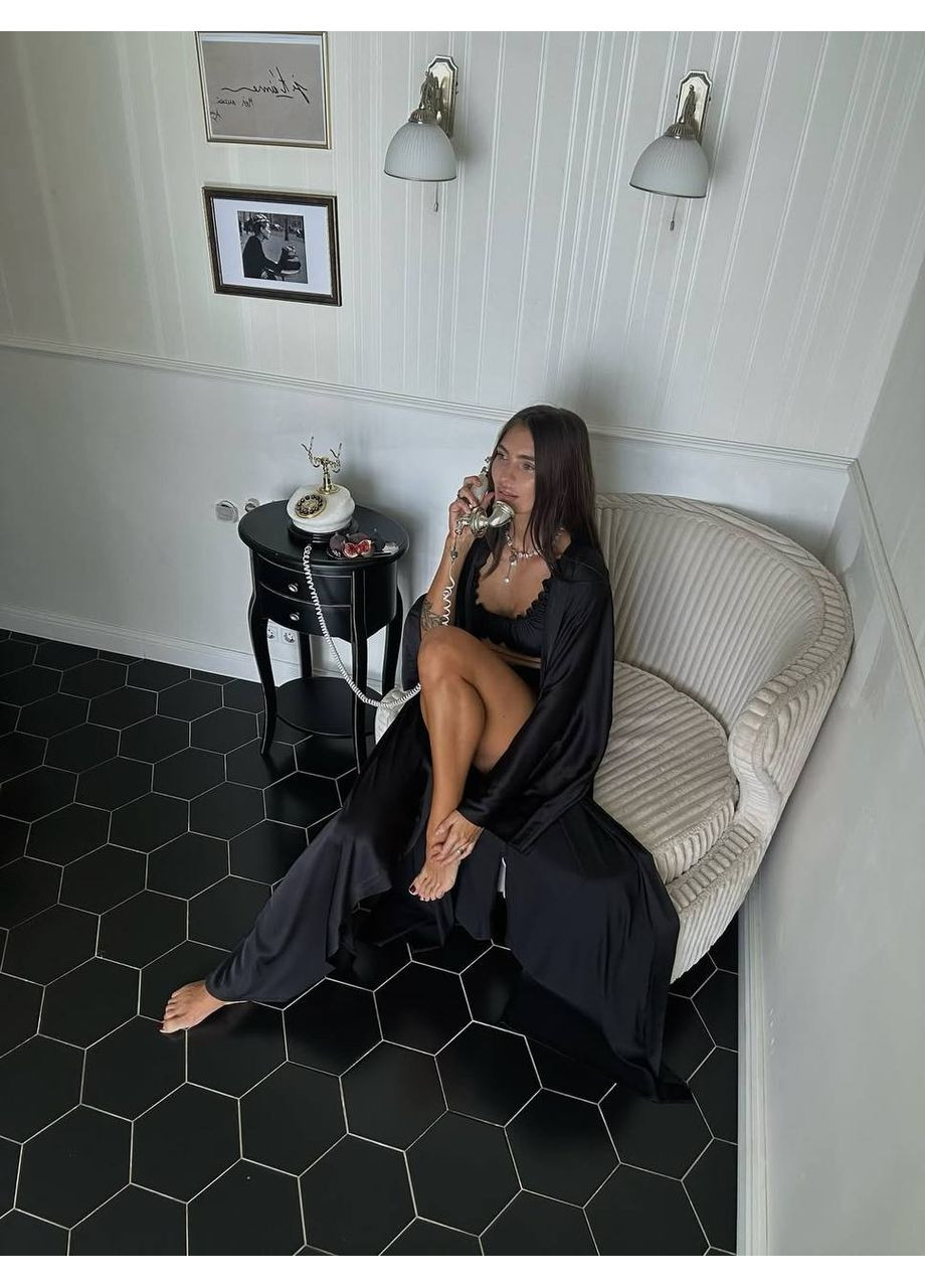 Черная всесезон домашний комплект тройка — замеры в описании рубашка + топ + брюки GD/GL Модний простір