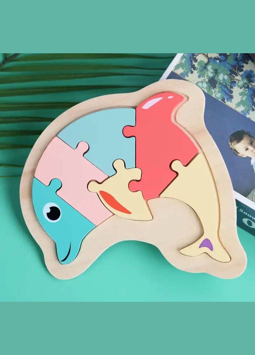 Дерев'яний кольоровий пазл рамка вкладиш Дельфін Fun Game (327217893)