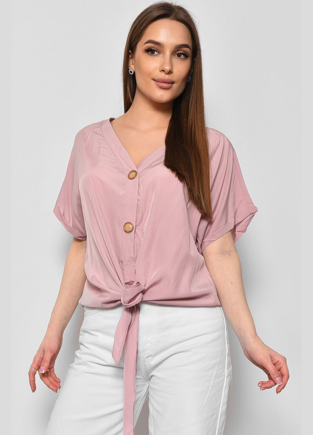 Пудровая блуза женская полубатальная с коротким рукавом пудрового цвета с баской Let's Shop