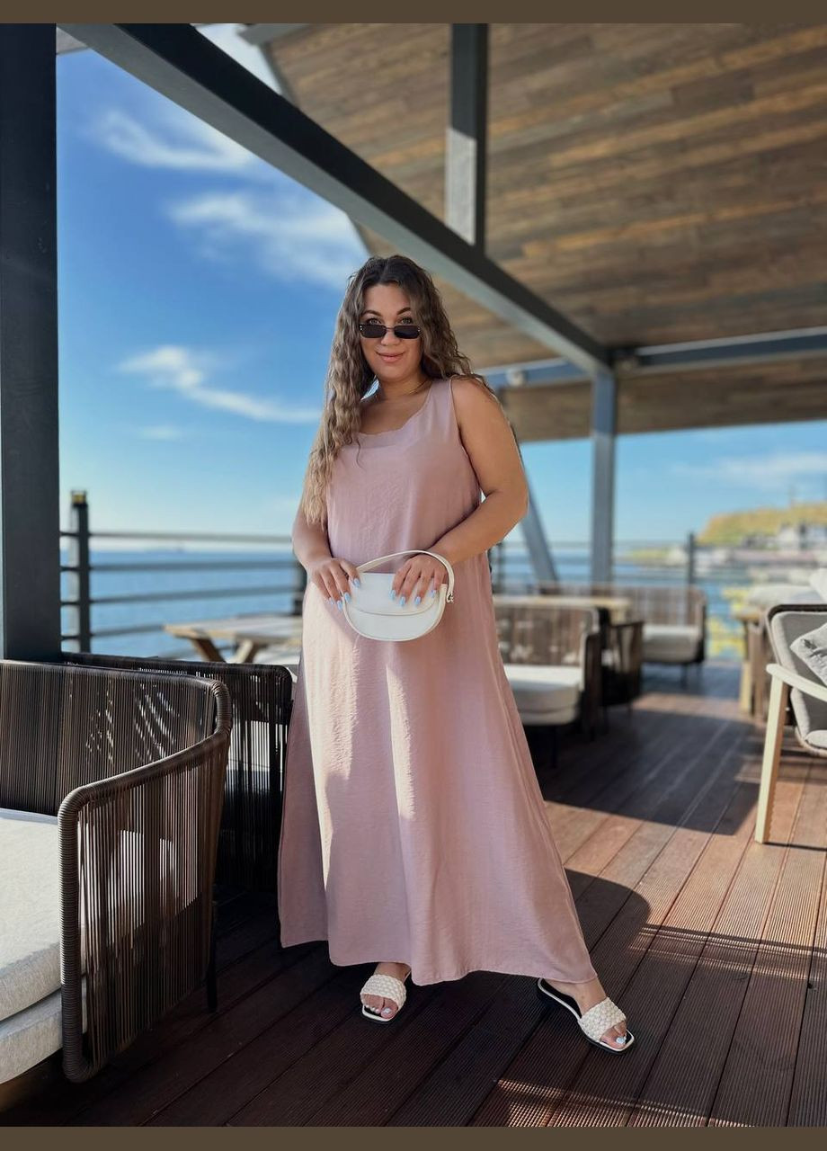 Пудровое повседневный льняное платье макси свободного кроя MonCher