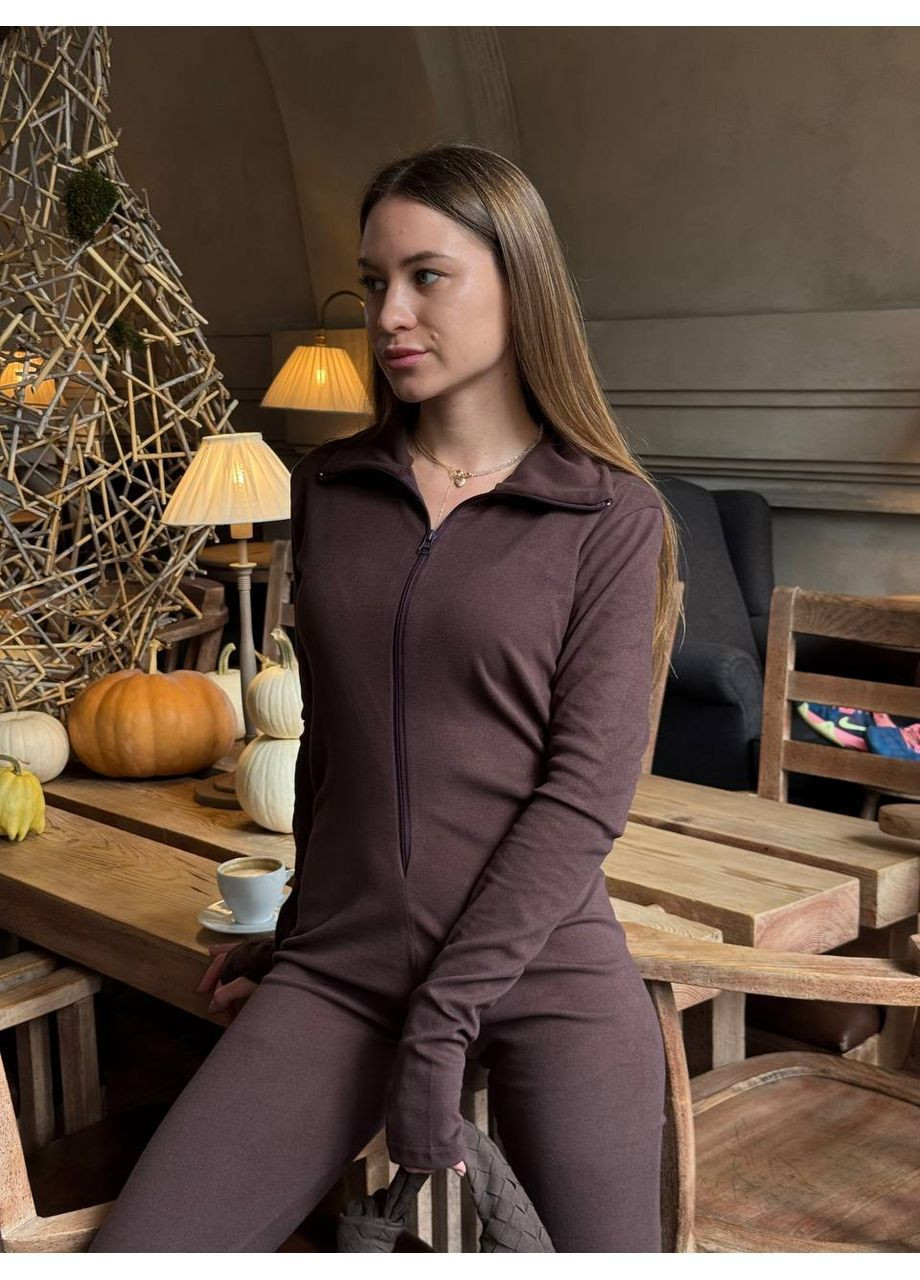 Жіночий термокомбінезон з флісу на блискавці MonCher коричневий повсякденний фліс