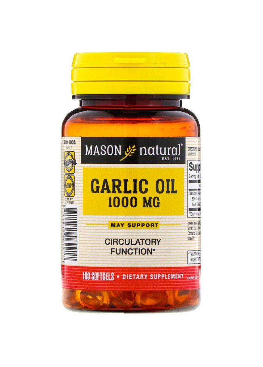 Часникова олія 1000 мг, Garlic Oil,, 100 м'яких капсул Mason Natural (330626667)