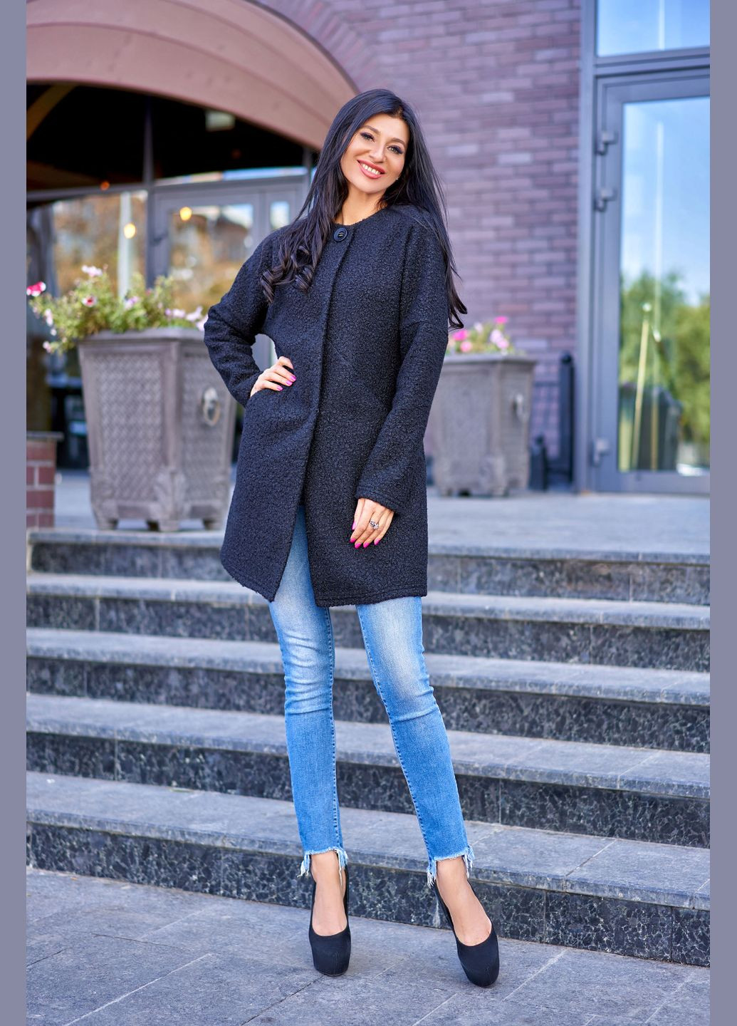 Черное демисезонное Теплое женское пальто Liton