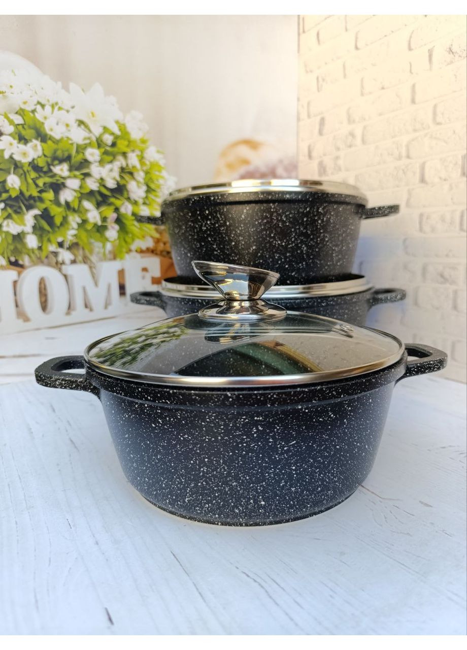 Набір каструль 1493 з мармуровим антипригарним покриттям 6 предметів Чорний Styleberg (353747730)
