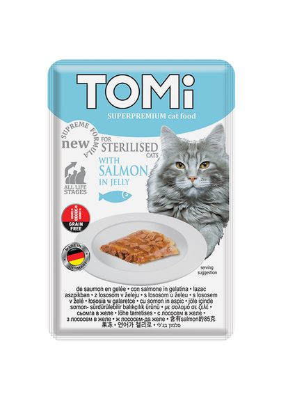 Вологий корм для стерилізованих кішок і кастрованих котів Sterilised Salmon in Jelly Пауч TOMI (279568453)