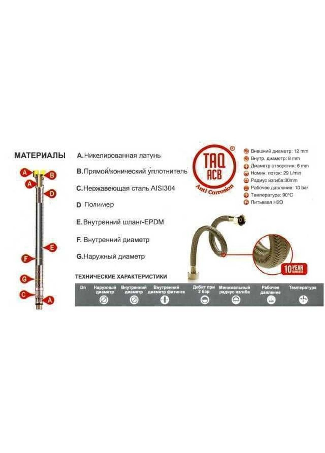 Шланг водяний 1/2″х1/2″ ЗВ 0,8м АНТИКОРОЗІЯ TAQ ACB MG-1212-800 204465 TUCAI (335426070)
