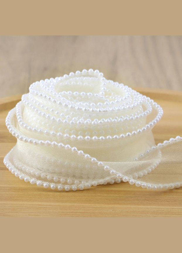 Стрічка з органзи, намистини по краях, 4 см, крем (рулон 4,5 м) No Brand (340484308)