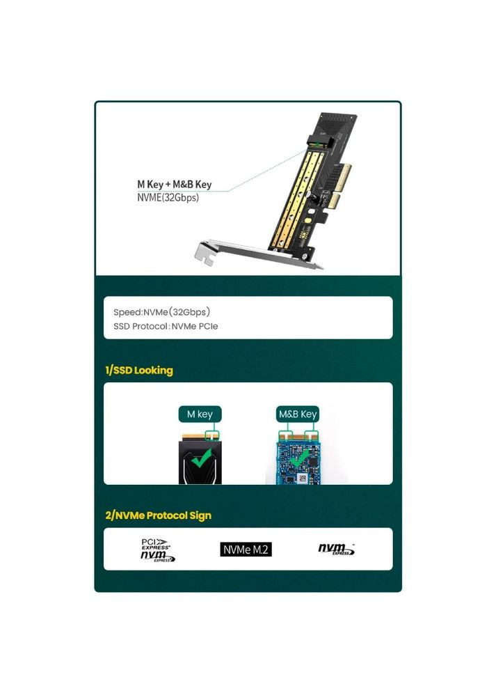 Плата розширення PCI-E 3.0 для SSD M.2 NVMe + M.2 NGFF CM302 (70504) Ugreen (327792986)