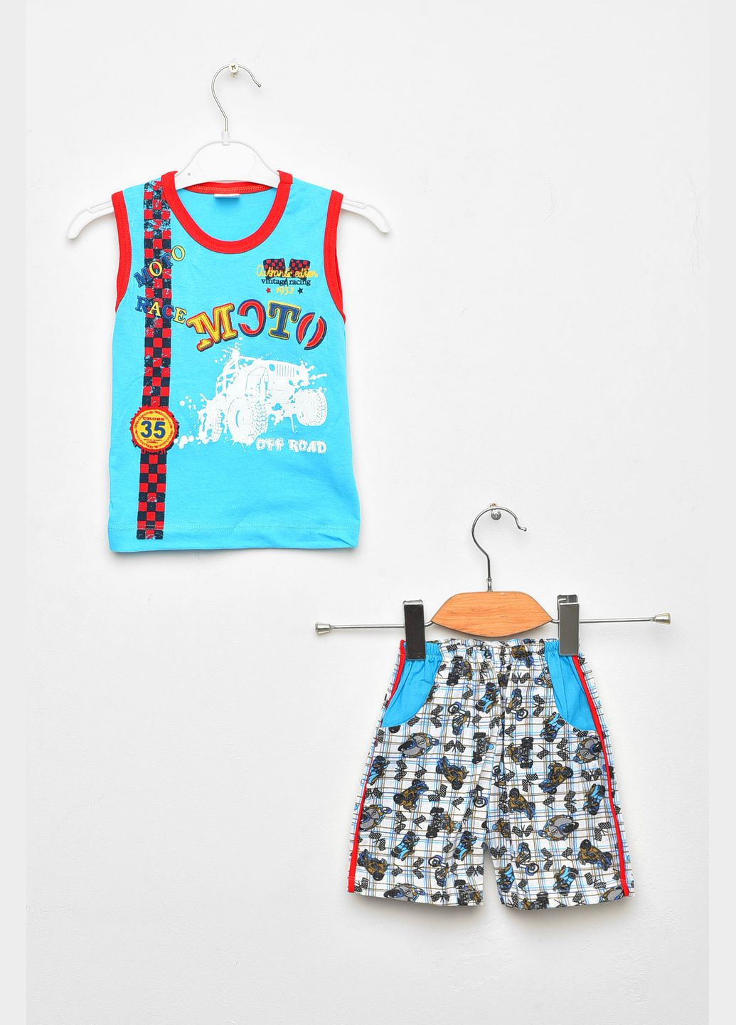 Голубой летний костюм детский для мальчика голубого цвета с шортами Let's Shop