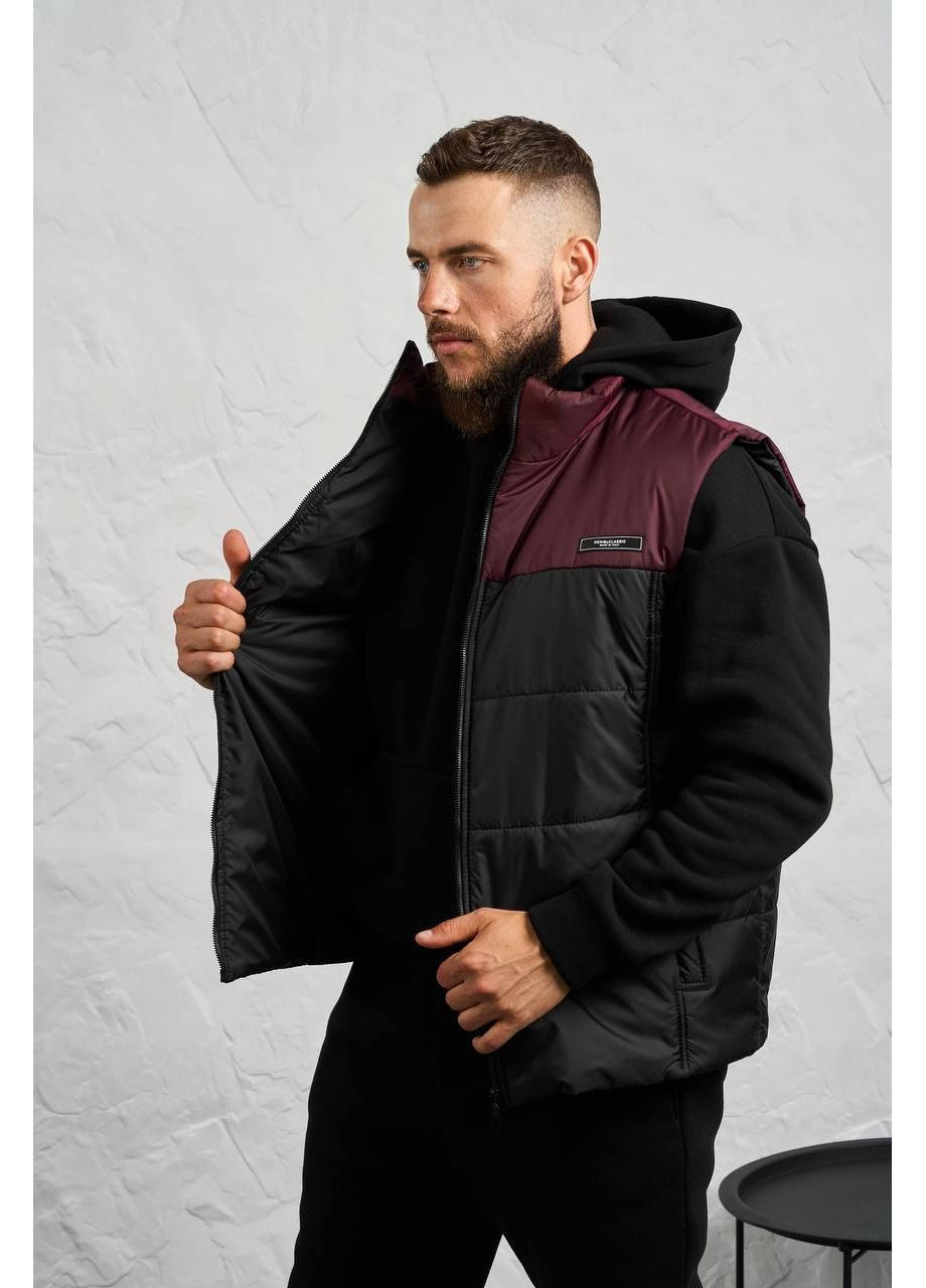 Чорний демісезонний костюм 2649 трійка худі та штани трьохнитка на флісі,жилет стьобаний синтепон 150 Україна