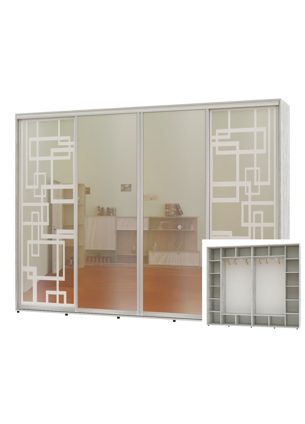 Шкаф-купе четырехдверный 320*60*250 Сосна Натти 2 Зеркала с пескоструйным рисунком/2 Зеркала Алекса (360477333)