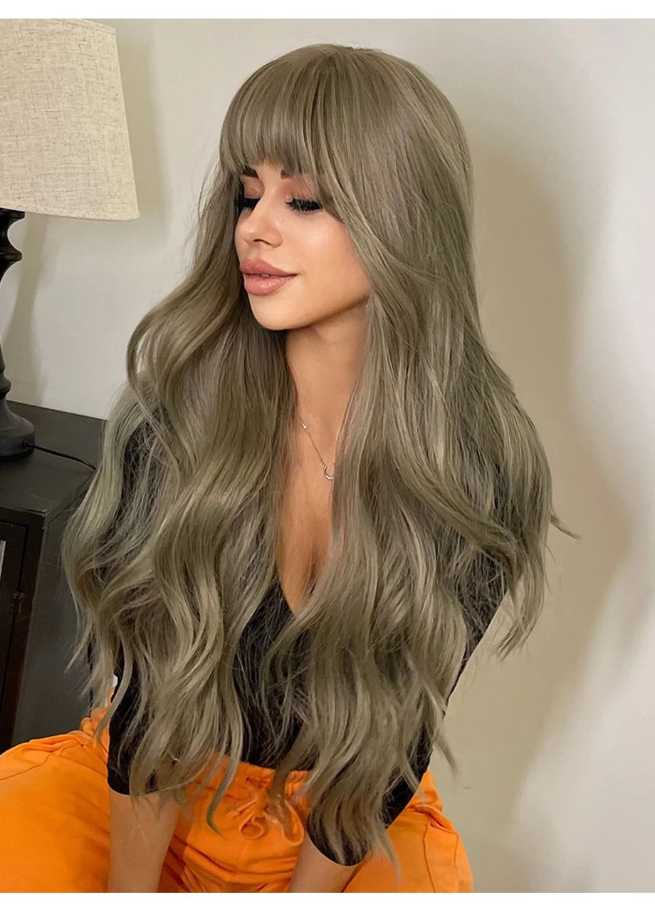 Женский парик для косплей вьющиеся волосы 66 см с прямой челкой с мелированием Пепельный Блонд из канекалона No Brand (361669447)