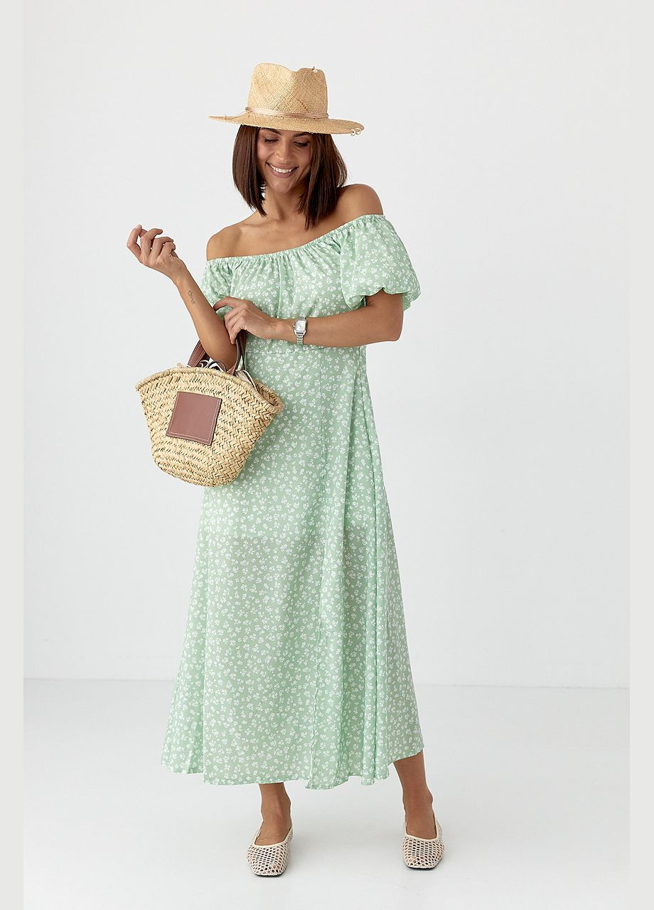 Салатова квіткова сукня з рукавами-ліхтариками Lurex