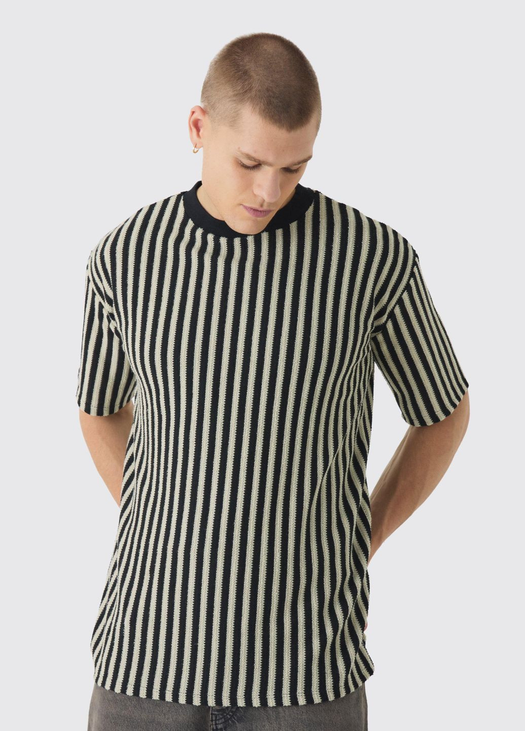 Бежева футболка Boohoo Oversized Textured Stripe BMM84883