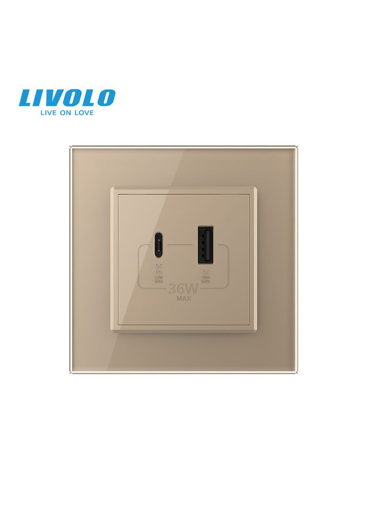 Розетка USB-A та USB-C з Power Delivery 36W золотий скло (VL-C7FCUA18W.UC18W-2AP) Livolo (370970528)