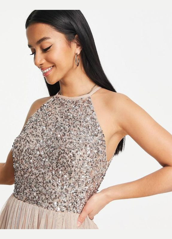 Бежевое коктейльное, вечернее, праздничный платье миди с отделкой пайетками вечерняя maya клеш Asos