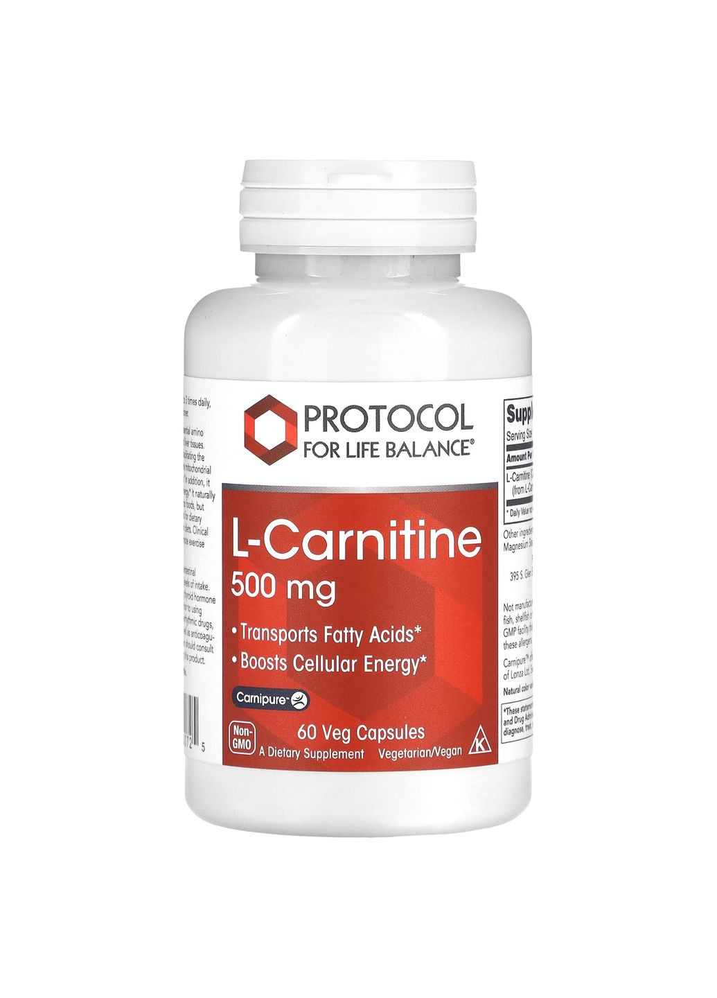 L-карнитин, L-Carnitine, 500 мг, 60 вегетарианских капсул Protocol for Life Balance (362370818)
