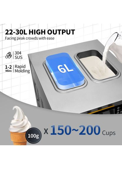 Комерційна машина для м'якого морозива BJH288SR2JB-Y 2350 Вт, 22-30 л/год, 3 смаки Vevor (351505656)