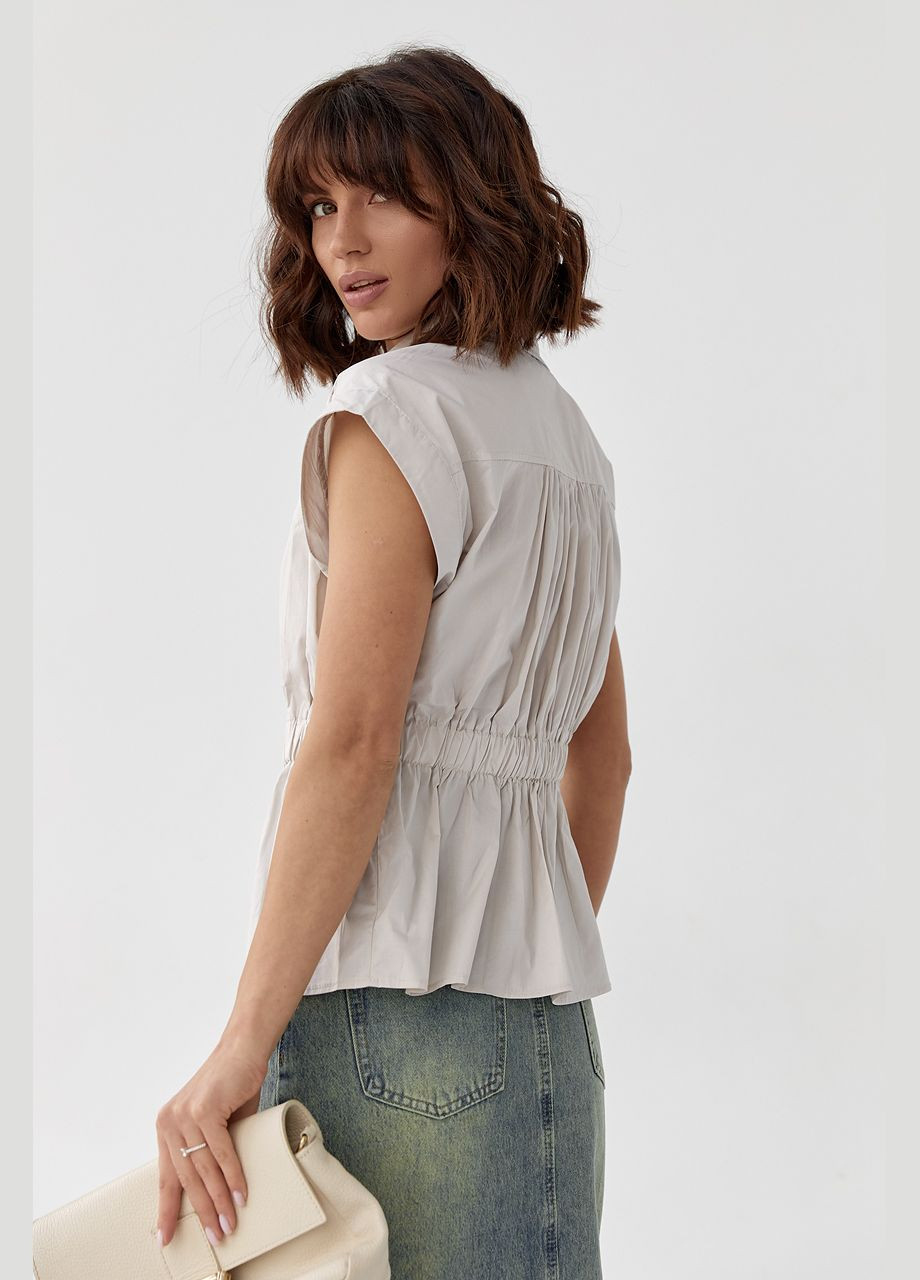 Светло-серая летняя женская рубашка с резинкой на талии. Lurex