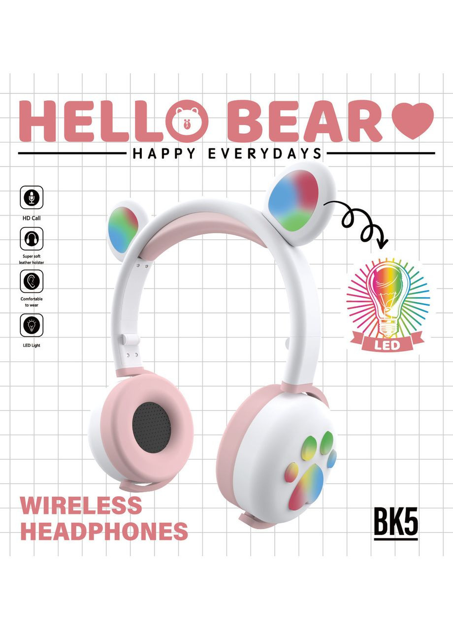 Бездротові дитячі навушники з мікрофоном ВК5 вушками ведмедика і LED підсвічуванням подарункові(Біла пудра) Atd (349824260)