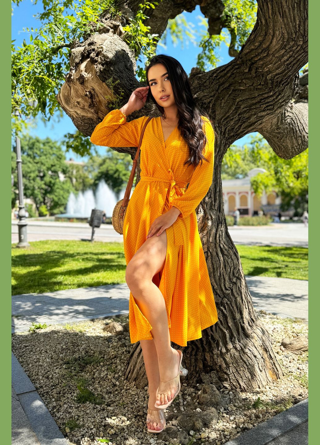 Жовтий повсякденний, кежуал неперевершене ніжне та романтичне жіноче плаття на запах на запах INNOE в горошок