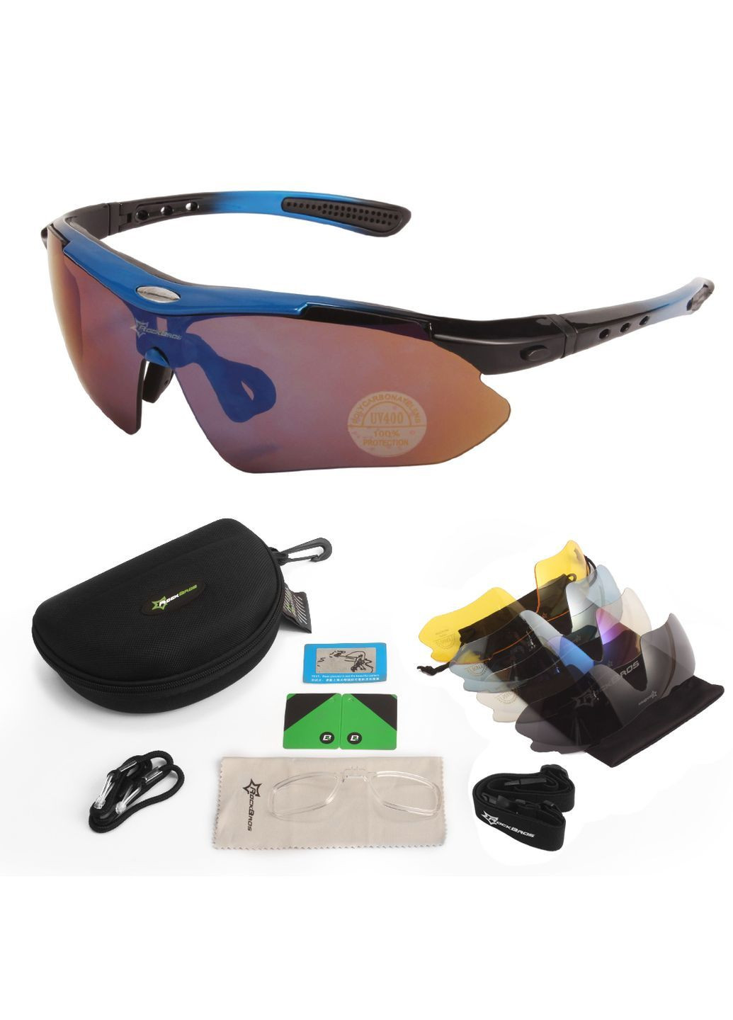 Захисні тактичні окуляри чорні з синім з 5 змінними лінзами та діоптрійною вставкою Rockbros (280826734)