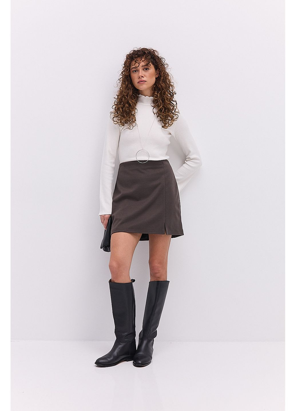 Темно-коричневая короткая кашемировая юбка с разрезом на ноге Arjen