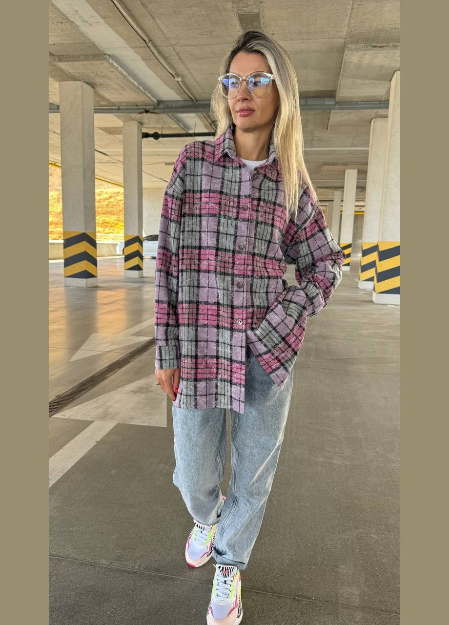 Фиолетовая спортивная, домашний, повседневный, кэжуал, джинсовая рубашка в клетку No Brand с длинным рукавом