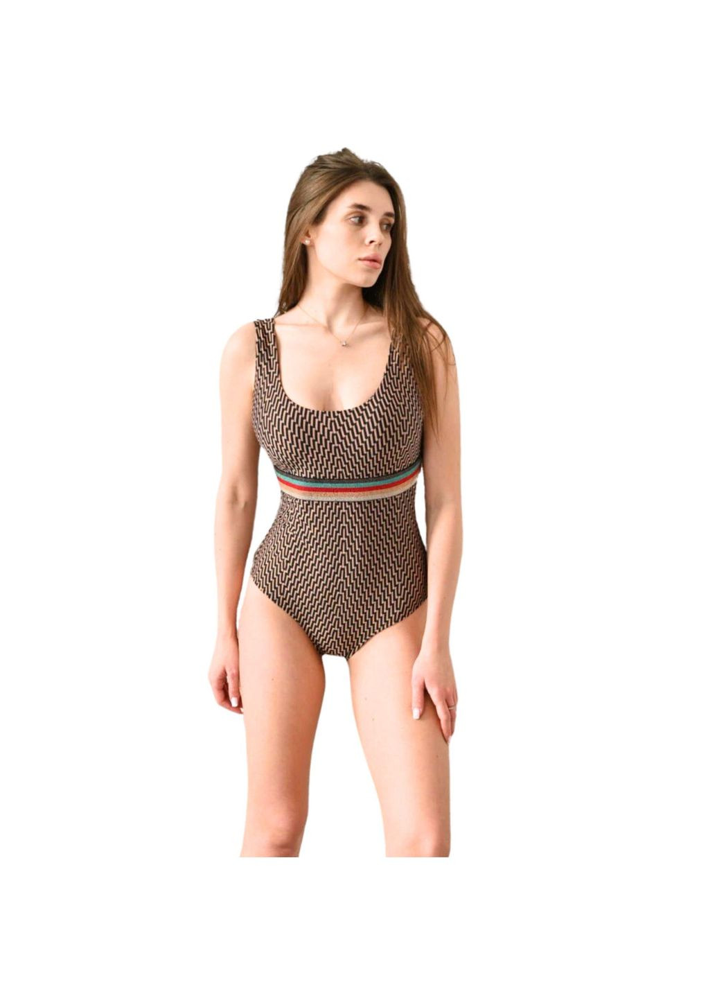 Коричневый демисезонный купальник цельный с формованной чашкой и встроенным «пуш-ап» декорирован ярким пояском бронзово-черный noele psw/1 Toccata